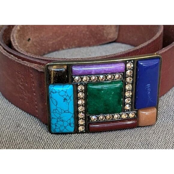 Fossil Brown Leather Belt Stone Buckle Faux Turquoise Rhinestone Boho Western M
